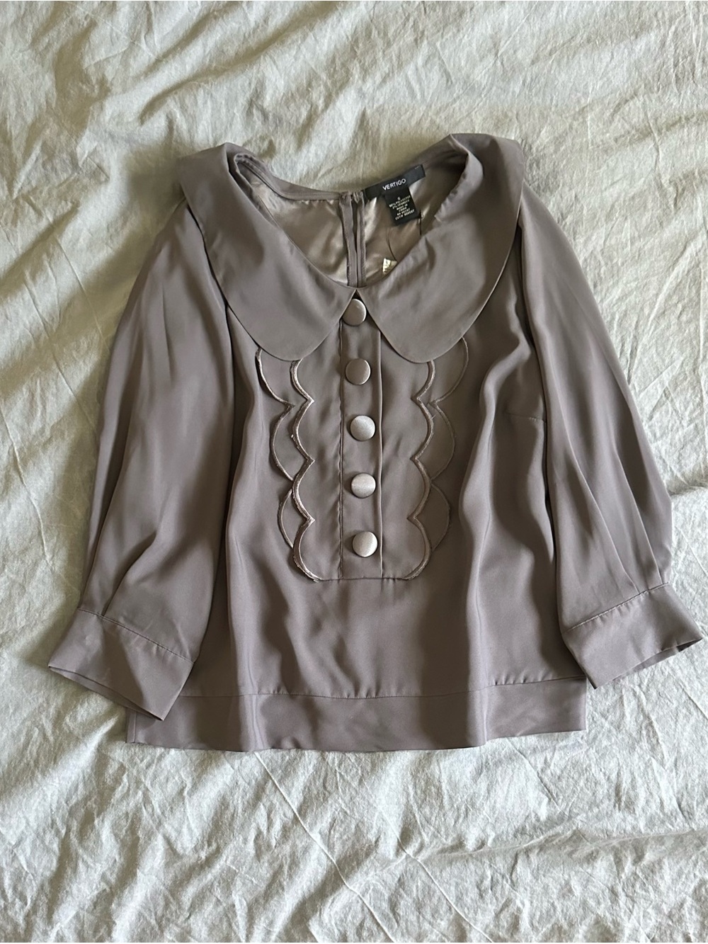 Vintage-Inspired VERTIGO Taupe Grey Button Front Blouse with Peter Pan Collar